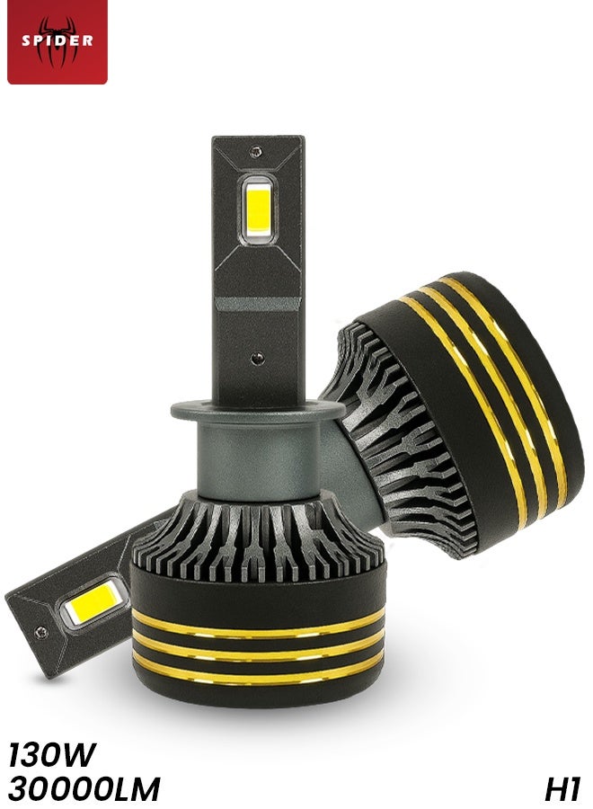 سبايدر لمبات المصابيح الأمامية Spider M8 Pro Silver H1 LED بقوة 130 واط و30000 لومن ودرجة حرارة اللون 6500 كلفن ومقاومة للماء IP65 مصنوعة من الألومنيوم 6063 شعاع فائق التركيز 12 فولت - 24 فولت وعمر افتراضي طويل يصل إلى 30000 ساعة ومجموعة تحويل LED عالية الأداء للسيارات والدراجات النارية - Image 1