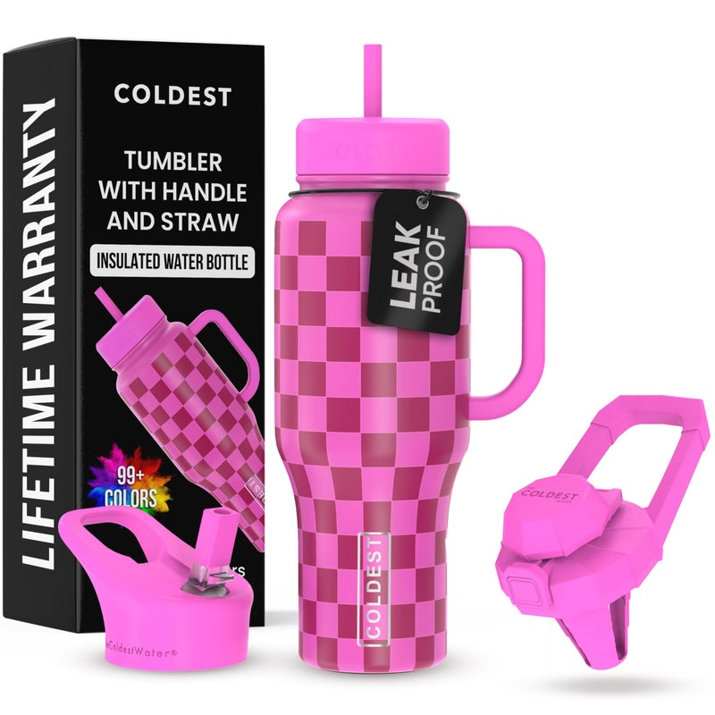 THE COLDEST WATER Coldest Tumbler with Handle and Straw 100 Leak Proof Insulated Tumbler with Lid and Straw 3 Lids Stainless Steel Tumblers for Women Men Cup Holder Friendly 36 oz Purple Checkers - Image 2