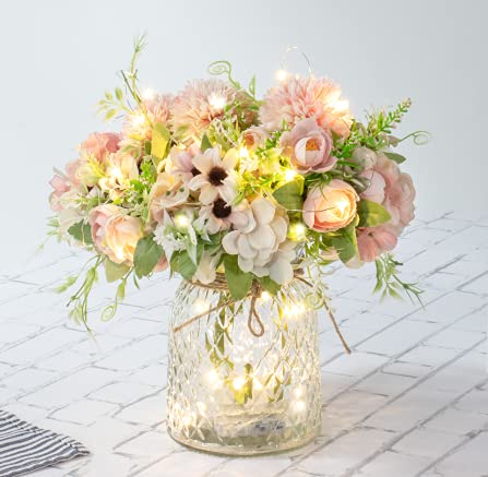 Artificial LED Pink Rose Flowers with Glass Vase Remote Control Led Light Flower Arrangement for Table Centerpiece Home Office Wedding Decoration
