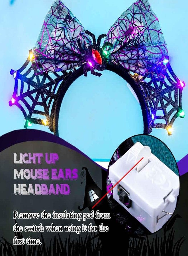 يورانيان طوق رأس مضيء على شكل أذني فأر للهالوين، طوق رأس مزين بفيونكة LED، طوق رأس على شكل شبكة عنكبوت، إكسسوارات شعر مضيئة للهالوين للنساء - Image 4
