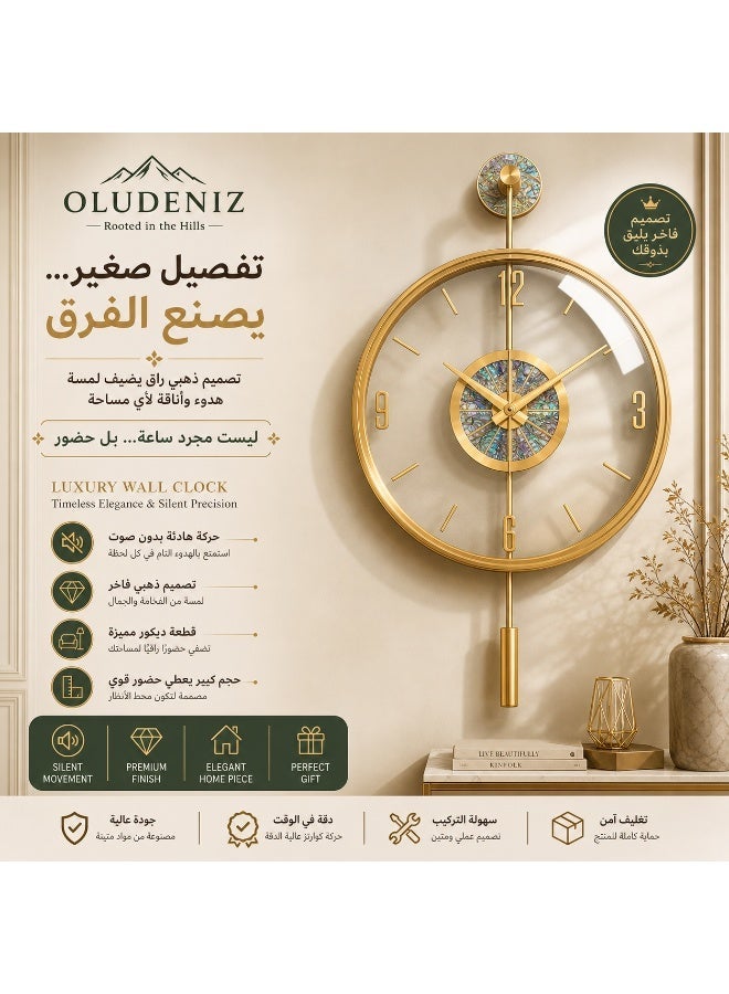 أولودينيز  المدار الذهبي – ساعة حائط فاخرة كبيرة الحجم مع مركز بصدف البحر وبندول ديكوري - Image 1