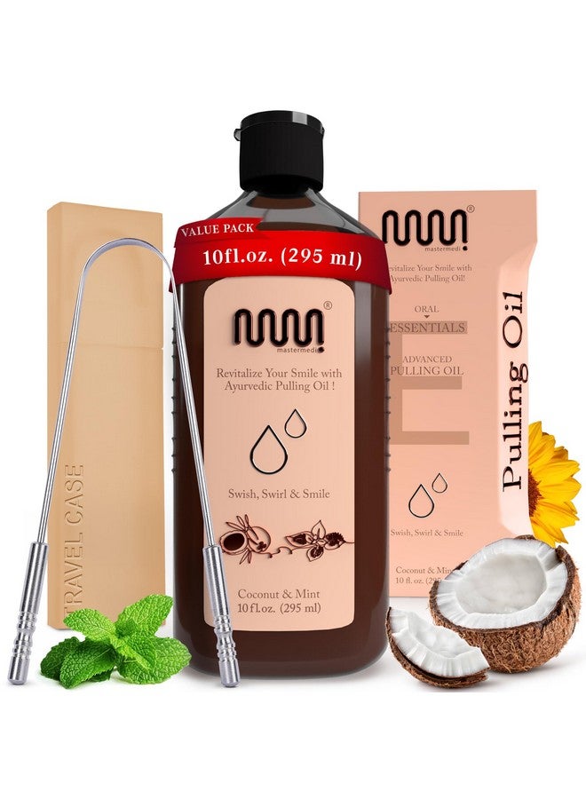 Coconut And Peppermint Oil Pulling (10 Fl.Oz), Mouthwash With Tongue Scraper, Alcohol Free Natural Coconut Oil Pulling For Teeth Whitening,Fresh Breath And Healthier Gum (Pack Of 1)