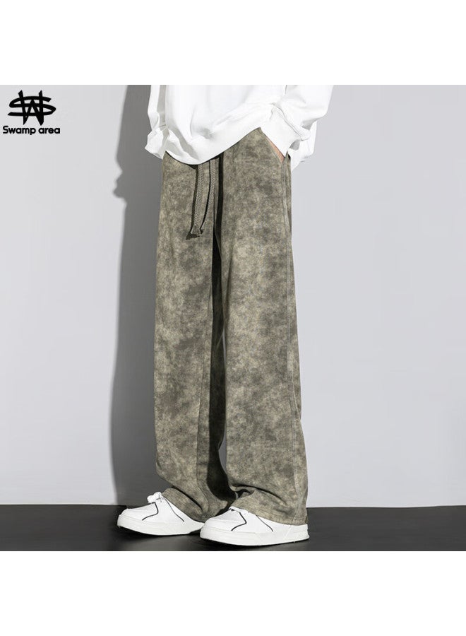Swamp Area Casual Pants For Men, Spring And Autumn Season, Hong Kong Style Trendy Tie-dye Versatile Trousers, Loose Straight-leg Long Pants Ks505 Olive Green M - Image 1