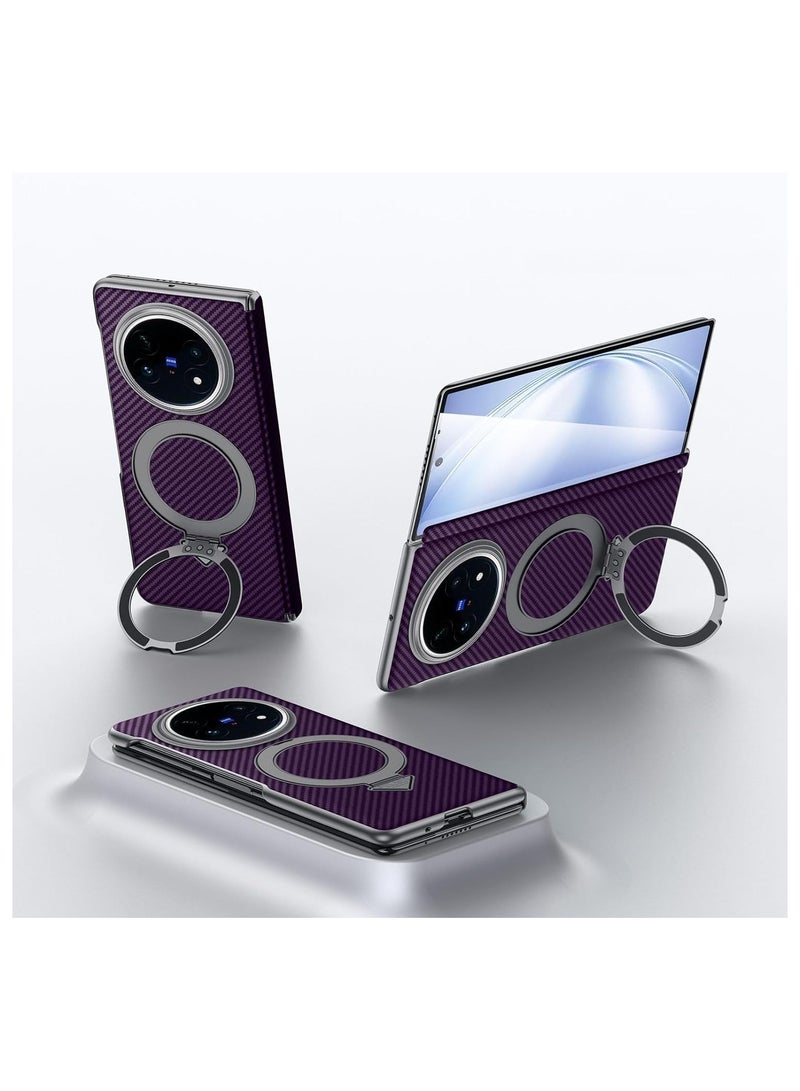 general Vivo X Fold 5 Magnetic Case 【Wireless Charging Support】 Carbon Fibre Texture PU Leather Case Vivo X Fold5 Shockproof Case with ring holder(purple）