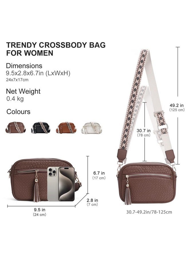 Vaschy Crossbody Camera Bag Purse For Women Trendy Vegan Leather Woven Small Crossover Shoulder Bag With Guitar Strap Coffee - Image 2