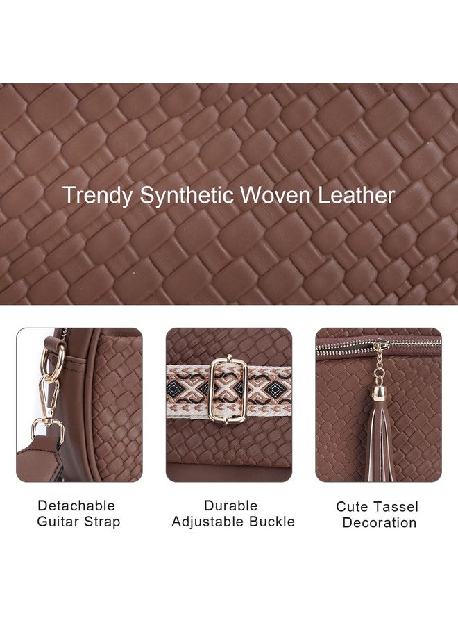 Vaschy Crossbody Camera Bag Purse For Women Trendy Vegan Leather Woven Small Crossover Shoulder Bag With Guitar Strap Coffee - Image 5