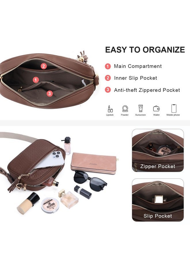 Vaschy Crossbody Camera Bag Purse For Women Trendy Vegan Leather Woven Small Crossover Shoulder Bag With Guitar Strap Coffee - Image 3