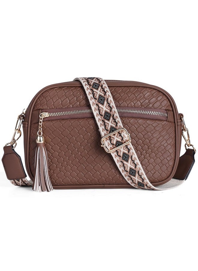 Vaschy Crossbody Camera Bag Purse For Women Trendy Vegan Leather Woven Small Crossover Shoulder Bag With Guitar Strap Coffee - Image 1