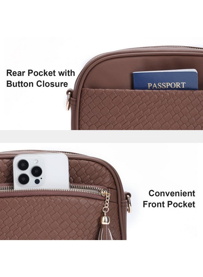 Vaschy Crossbody Camera Bag Purse For Women Trendy Vegan Leather Woven Small Crossover Shoulder Bag With Guitar Strap Coffee - Image 4