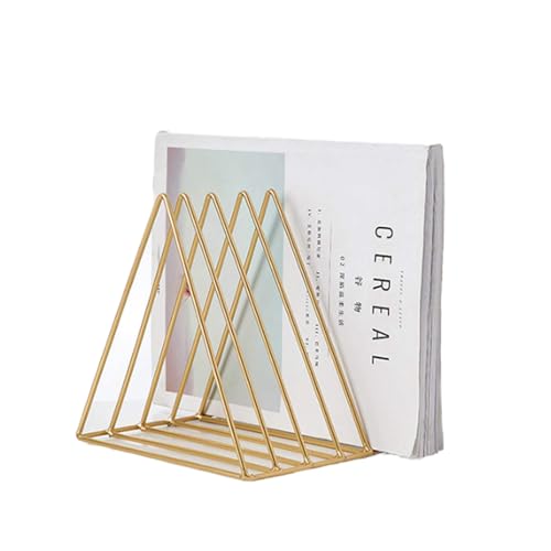QPEY Triangle File Holder,5 Slot Metal Vinyl Record Stand Holder Magazine Newspaper Holder Photography Props for Office Home 1 Pc (Gold) - Image 1