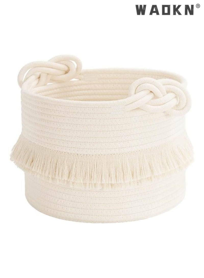 WAOKN Small woven storage basket decorated with cotton and jute rope for diapers, blankets, magazines, and keys, cute tassel daycare decoration - home storage container - Image 1