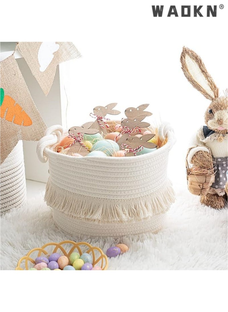 WAOKN Small woven storage basket decorated with cotton and jute rope for diapers, blankets, magazines, and keys, cute tassel daycare decoration - home storage container - Image 2