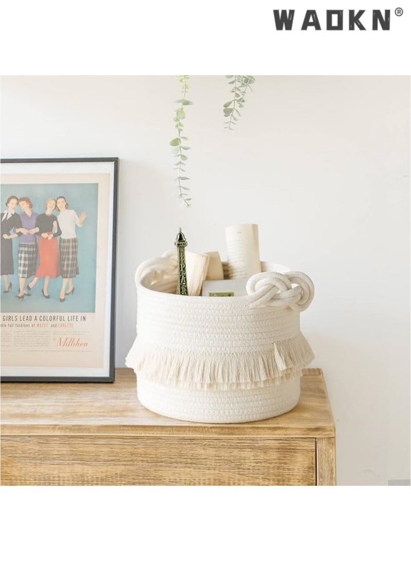 WAOKN Small woven storage basket decorated with cotton and jute rope for diapers, blankets, magazines, and keys, cute tassel daycare decoration - home storage container - Image 3