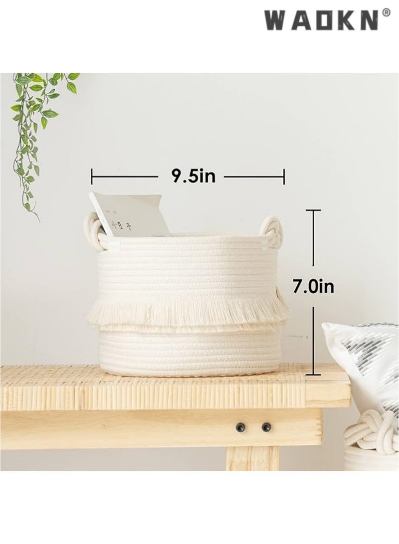 WAOKN Small woven storage basket decorated with cotton and jute rope for diapers, blankets, magazines, and keys, cute tassel daycare decoration - home storage container - Image 4
