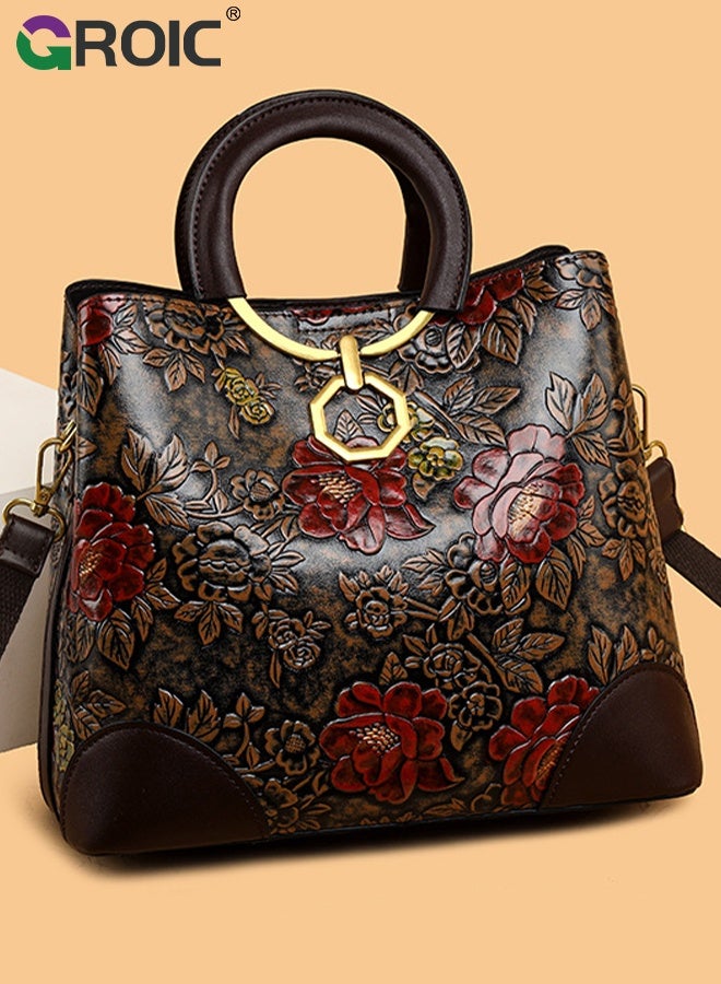 GROIC Floral Handbags Purses for Women with Detachable Bag Straps,Embossed Leather Top Handle Handbag Set Large Shoulder Bag Ladies Bucket Hobo Tote,Tote with Zipper Closure Elegant Handbag - Image 5