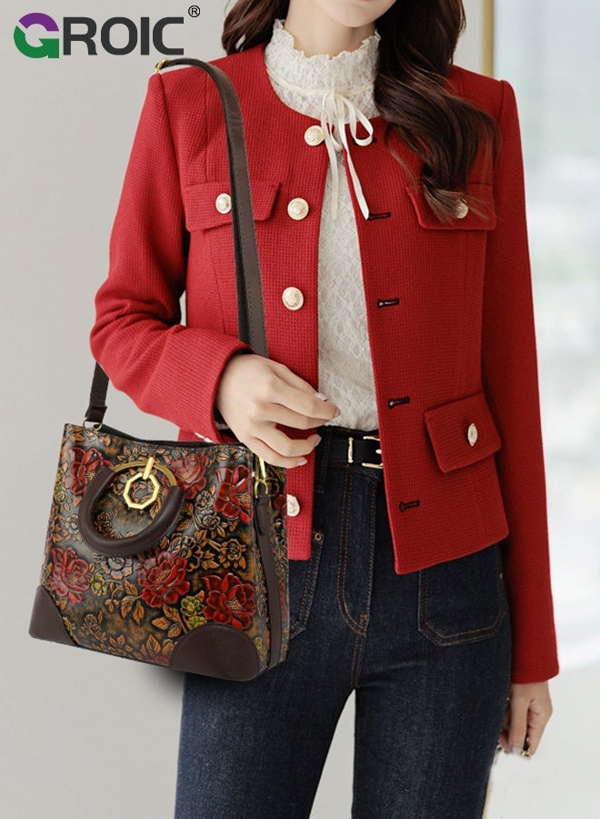 GROIC Floral Handbags Purses for Women with Detachable Bag Straps,Embossed Leather Top Handle Handbag Set Large Shoulder Bag Ladies Bucket Hobo Tote,Tote with Zipper Closure Elegant Handbag - Image 3