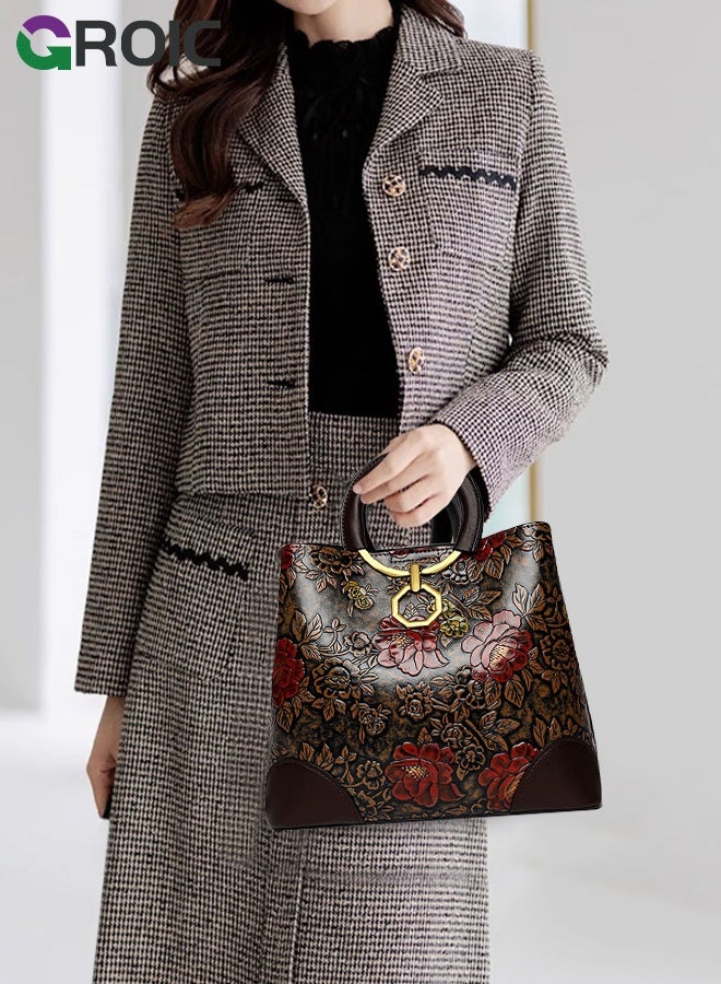 GROIC Floral Handbags Purses for Women with Detachable Bag Straps,Embossed Leather Top Handle Handbag Set Large Shoulder Bag Ladies Bucket Hobo Tote,Tote with Zipper Closure Elegant Handbag - Image 4