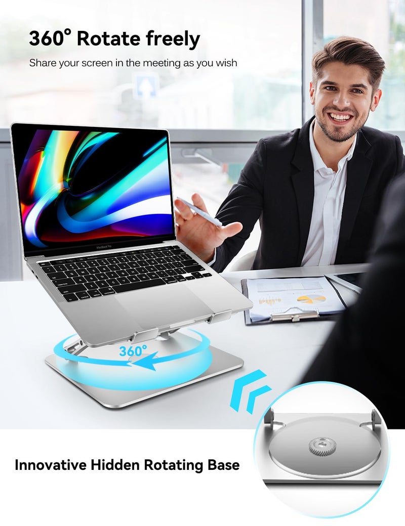 ivoler حامل لابتوب قابل للتعديل من ivoler مع قاعدة دوارة 360°، حامل لابتوب مريح للمكتب، قابل للطي ومحمول، لعمل جماعي، يناسب لابتوبات ماك بوك حتى 16 بوصة فضي - Image 2
