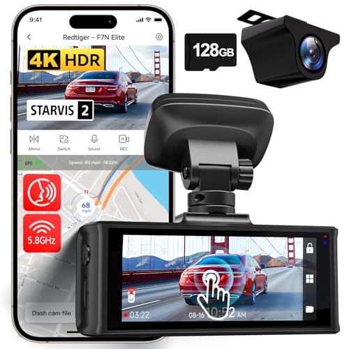 REDTIGER 4K HDR Dash Cam Front and Rear, STARVIS 2 Sensor, 5.8GHz WiFi APP, 3.18" Touchscreen, Voice Control, 128G Card Included, WDR, Dash Camera for Cars with GPS, 24H Parking Mode(F7N Elite) - Image 1
