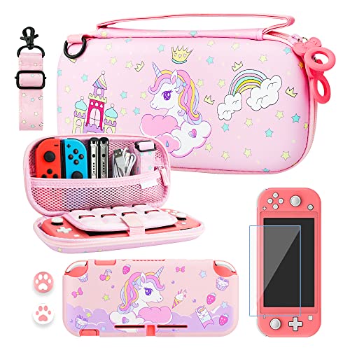 RHOTALL Pink Unicorn Carrying Case Compatible with Nintendo Switch Lite with Cute Case Cover Accessories Bundle,Soft Protective Shell, Adjustable Shoulder Strap, Screen Protector and 2 Thumb Caps - Image 1