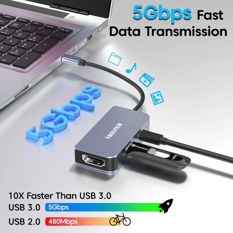 Sounce 3-in-1 Type-C to HDMI Multiport Adapter | 4K@60Hz HDMI, 5Gbps USB 3.0 & 100W PD Charging | Compact USB-C Hub for MacBook, Laptops, PCs & Other Type-C Devices - Image 2