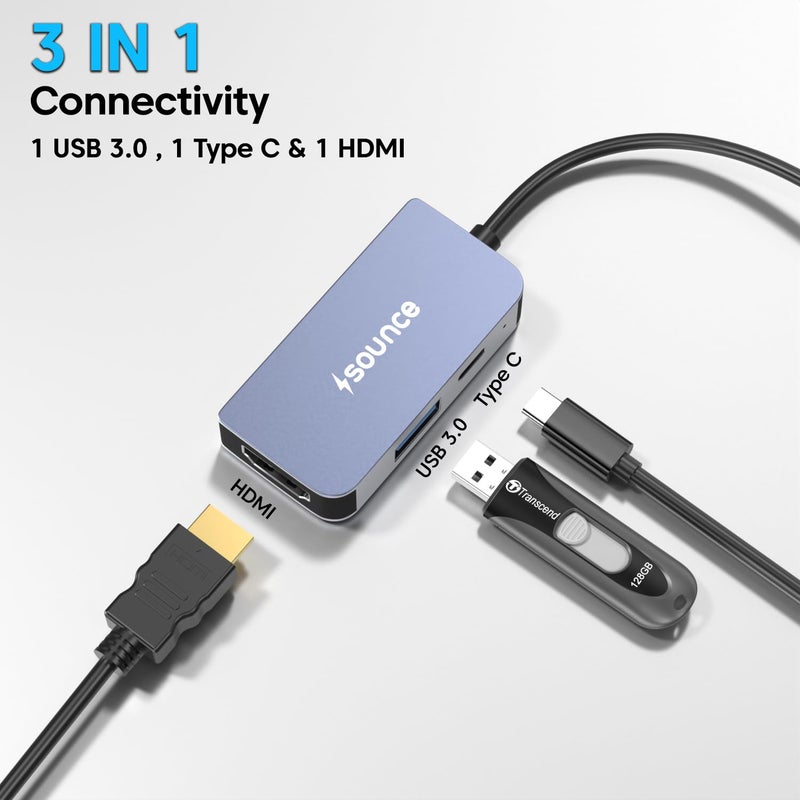 Sounce 3-in-1 Type-C to HDMI Multiport Adapter | 4K@60Hz HDMI, 5Gbps USB 3.0 & 100W PD Charging | Compact USB-C Hub for MacBook, Laptops, PCs & Other Type-C Devices - Image 5