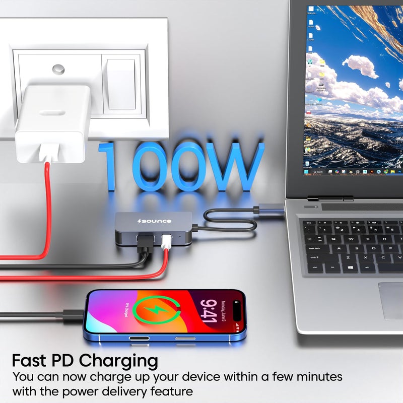 Sounce 3-in-1 Type-C to HDMI Multiport Adapter | 4K@60Hz HDMI, 5Gbps USB 3.0 & 100W PD Charging | Compact USB-C Hub for MacBook, Laptops, PCs & Other Type-C Devices - Image 3