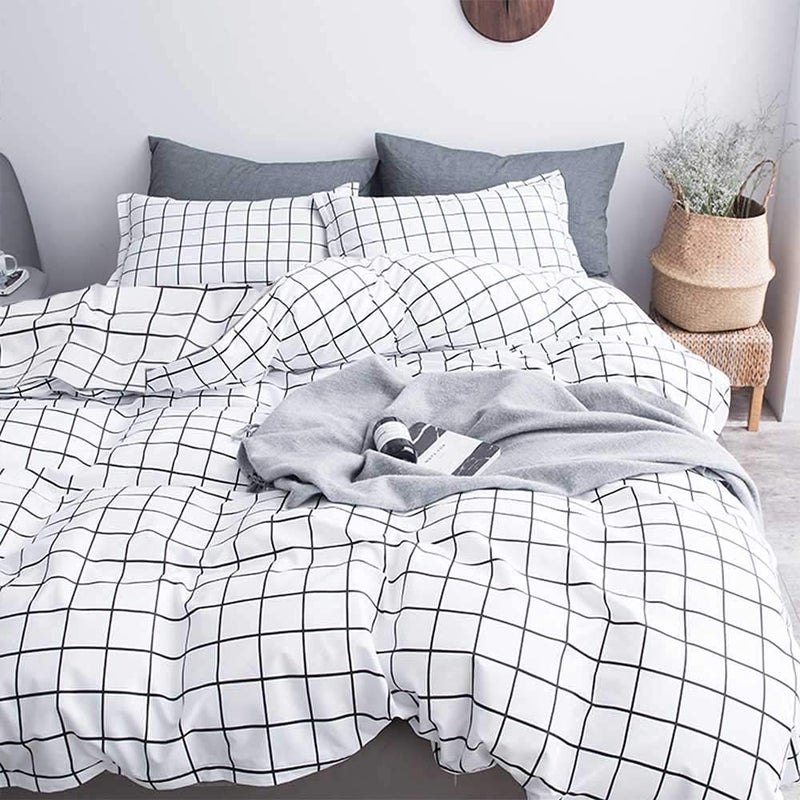 Nanko Duvet Cover Set Full Size White Grid 80x90 Soft Bedding Cover Luxury Cool Lightweight Microfiber 3pc Set 1 Cover 2 Pillowcase with Zip Tie  Modern Style Bed Quilt Cover for Decor Plaid