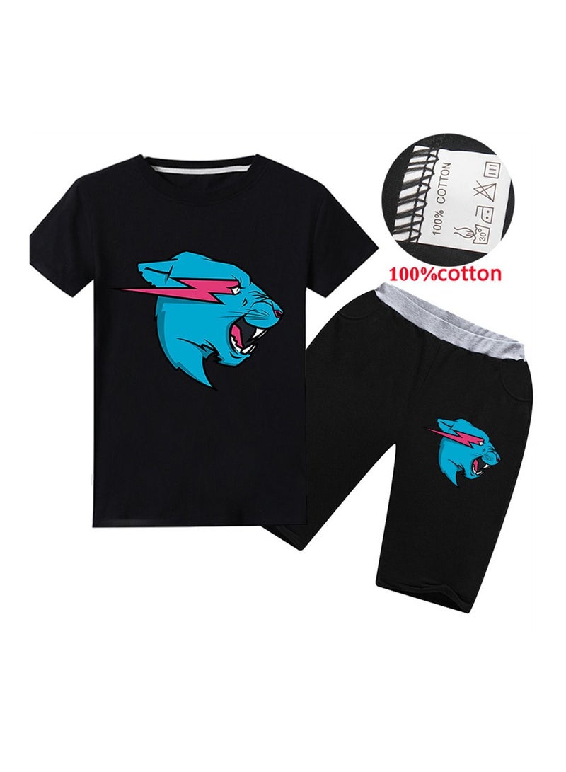 تي شيرت وبنطلون وقميص بطبعة قطة البرق من Mr Beast للجنسين والأطفال بأكمام قصيرة ومجموعة رسومات كرتونية أنيقة - Image 1