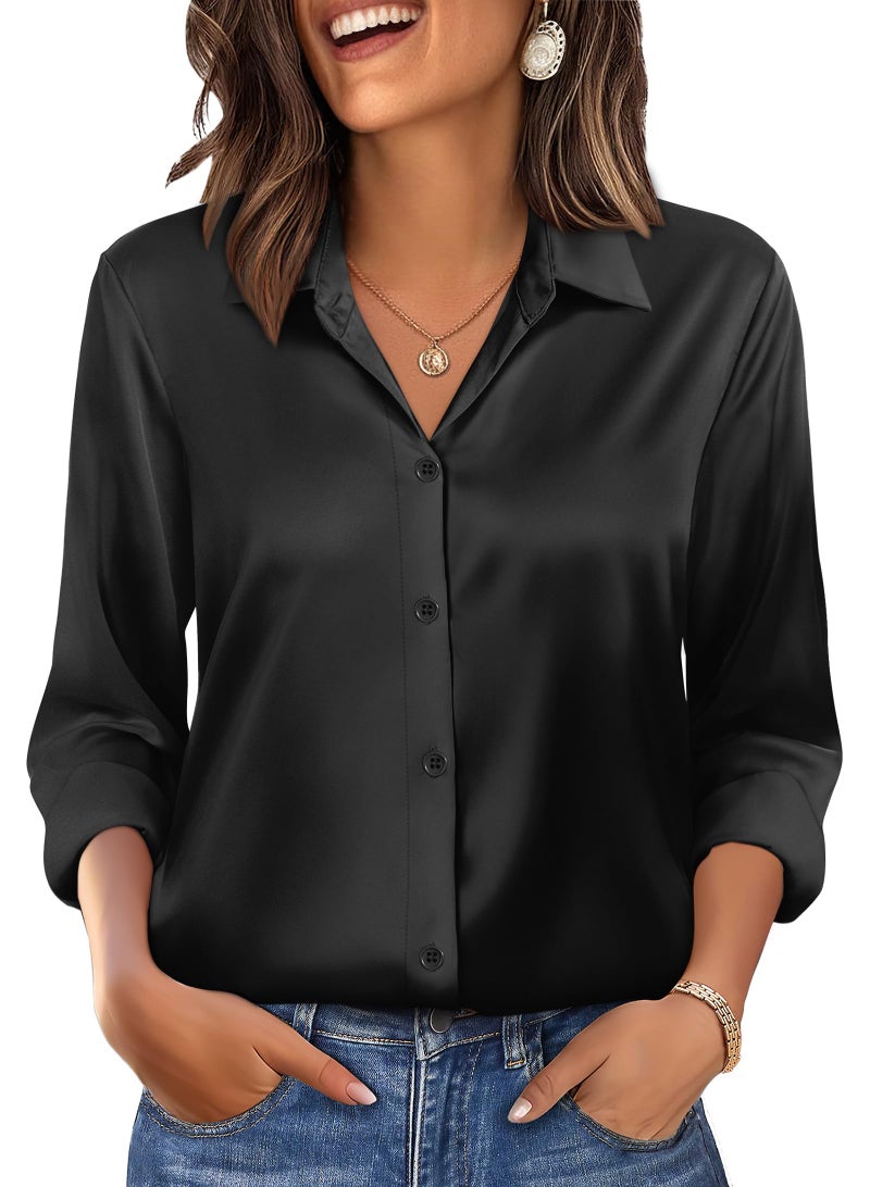 OFEEFAN Womens Button Down Shirts Silk Blouses Business Casual Fashion Outfit Beach Vacation Clothes Resort Wear Cruise Sparkly Satin Tops Black L - Image 2