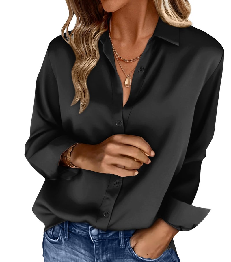 OFEEFAN Womens Button Down Shirts Silk Blouses Business Casual Fashion Outfit Beach Vacation Clothes Resort Wear Cruise Sparkly Satin Tops Black L - Image 1
