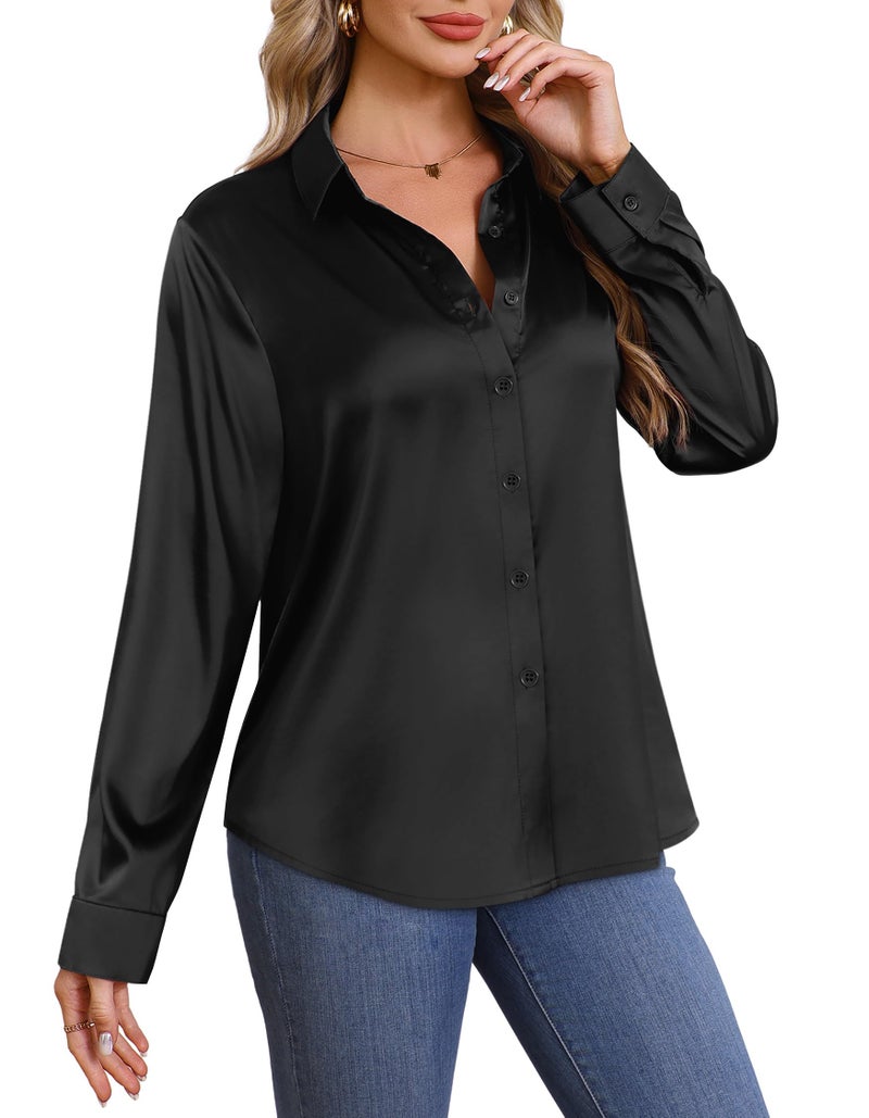 OFEEFAN Womens Button Down Shirts Silk Blouses Business Casual Fashion Outfit Beach Vacation Clothes Resort Wear Cruise Sparkly Satin Tops Black L - Image 4
