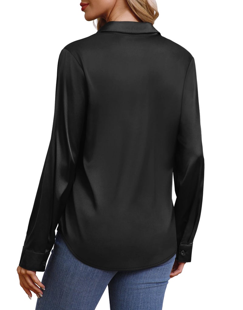 OFEEFAN Womens Button Down Shirts Silk Blouses Business Casual Fashion Outfit Beach Vacation Clothes Resort Wear Cruise Sparkly Satin Tops Black L - Image 5