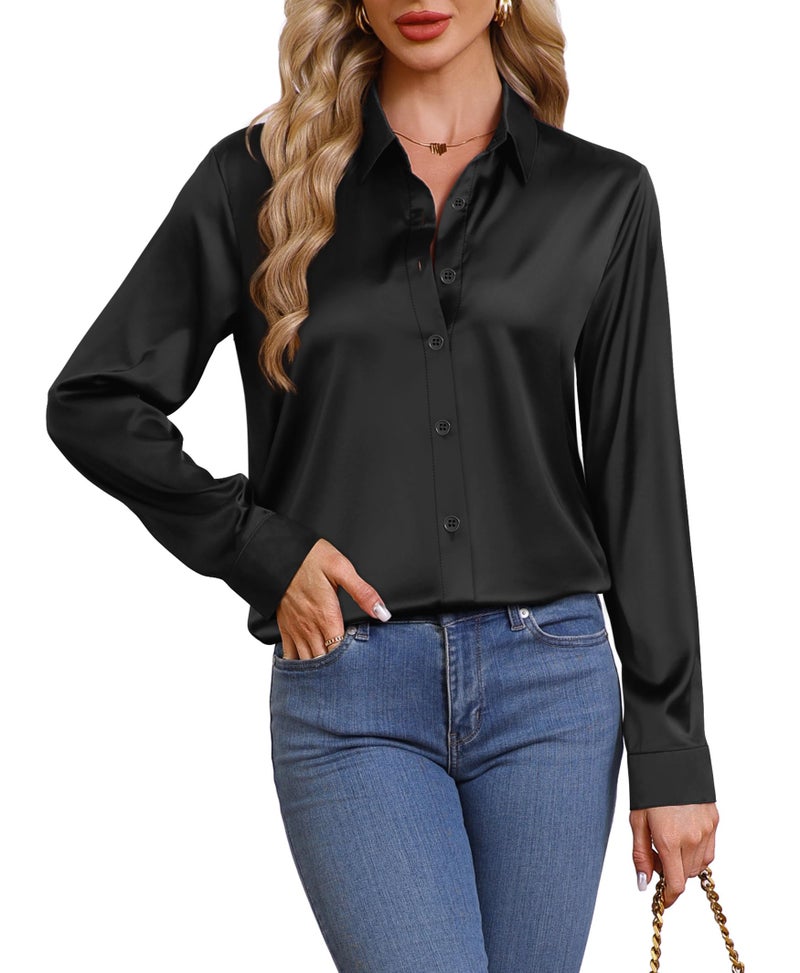 OFEEFAN Womens Button Down Shirts Silk Blouses Business Casual Fashion Outfit Beach Vacation Clothes Resort Wear Cruise Sparkly Satin Tops Black L - Image 3