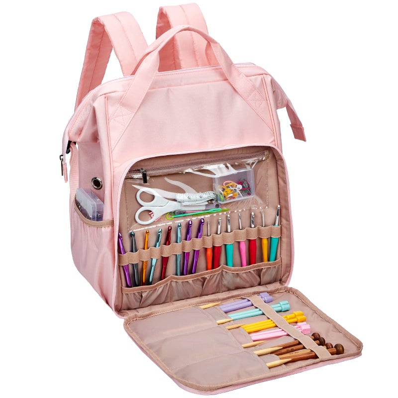 HOMEST Knitting Bag Backpack, Crochet Storage Organizer, Large Yarn Holder with Custom Front Pocket for Crochet Accessories and Supplies, Pink - Image 2