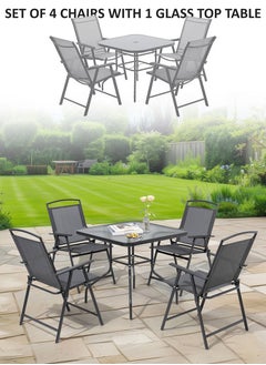 Toshonics 5 Pcs Patio Dining Set 4 Piece Folding Patio Chairs And Square Glass Table With Umbrella Hole for Bistro Outdoor Indoor Dinner Furniture for Garden Porch Restaurant Café Modern Relaxing Design  - Image 1