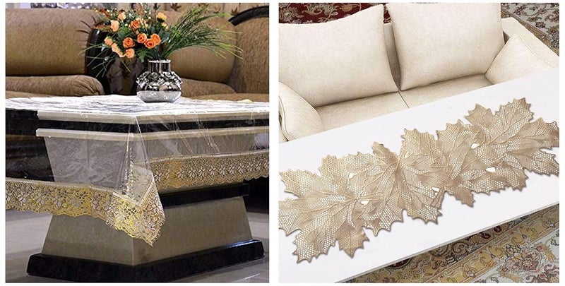 Kuber Industries Kuber Industries Leaf Design Soft Leather Table Runner for Patios Family Dinner Office Kitchen Table GoldHS43KUBMART26601 Standard PVC 4 Seater Transparent Centre Table Cover Gold  - Image 1