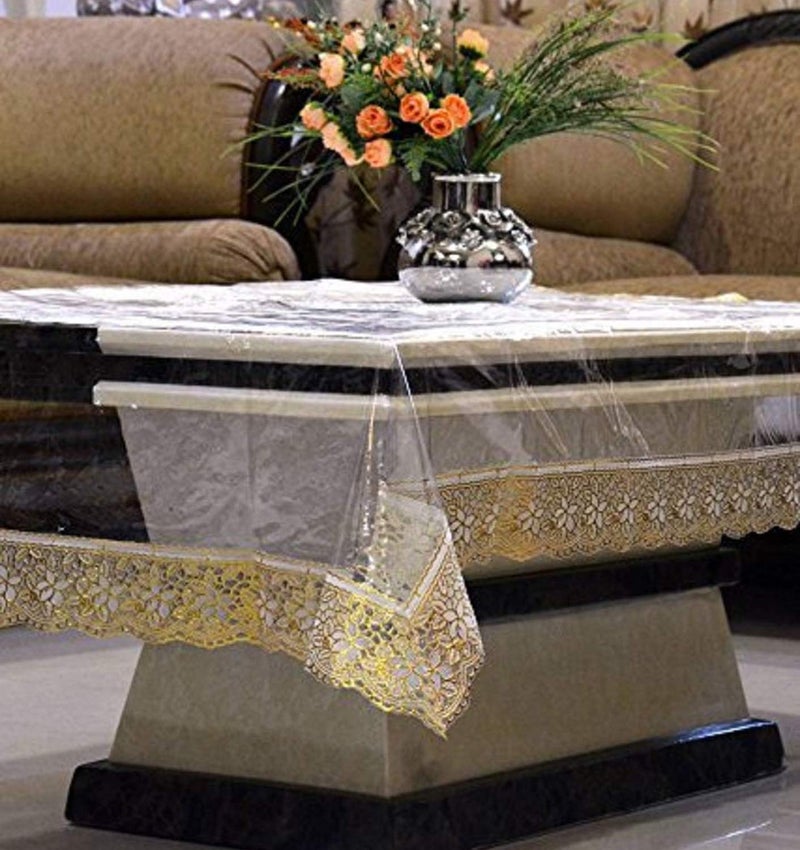Kuber Industries Kuber Industries Leaf Design Soft Leather Table Runner for Patios Family Dinner Office Kitchen Table GoldHS43KUBMART26601 Standard PVC 4 Seater Transparent Centre Table Cover Gold  - Image 5