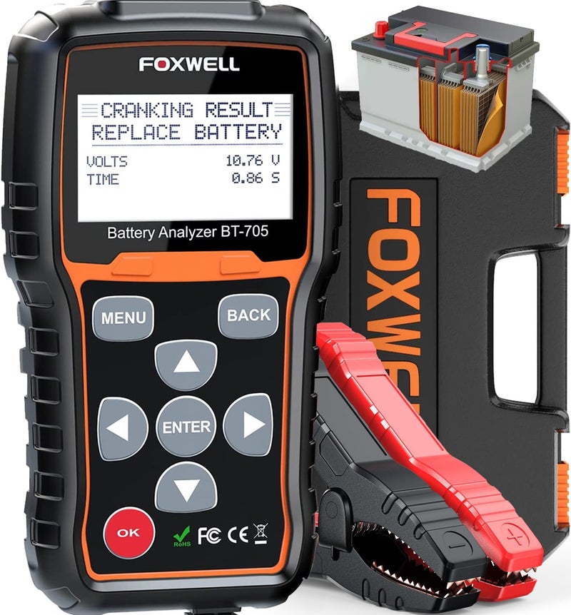 مُختبر بطارية السيارة FOXWELL BT705 12V 24V مُختبر تحميل البطارية المحلل الرقمي لنظام بدء التشغيل والشحن ومُختبر المولد للشاحنات الثقيلة والقوارب والبحرية وسيارات الدفع الرباعي والدراجات الرباعية