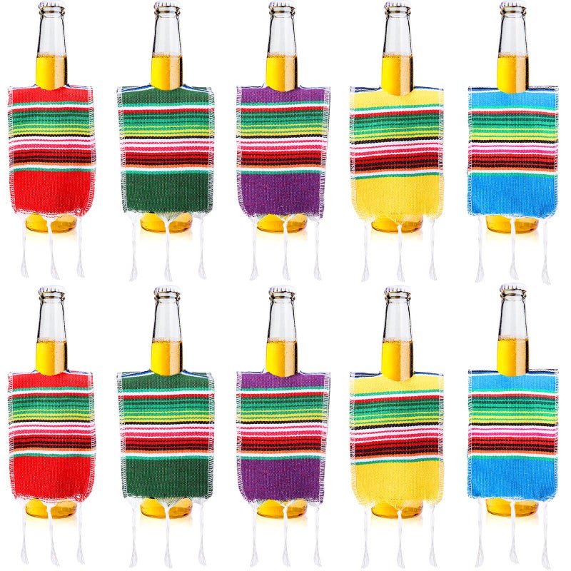 Irenare Irenare 24 Pcs Beer Poncho Mini Serapes Bottle Covers for Cinco De Mayo Multi Color Assorted Mexican Bottle Ponchos with Rainbow Striped Mexican Fiesta Party Decoration Vivid Color