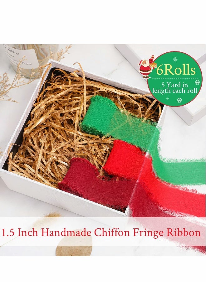 شرائط شيفون يدوية الصنع بفرشات، 6 لفات 3.8 سم × 5 يارد (4.5 م) شريط بلون حريري مجموعة ملونة ريفية لدعوات الزفاف، باقات العرائس، تغليف الهدايا، حرف يدوية (مجموعة الألوان الكلاسيكية) - Image 2