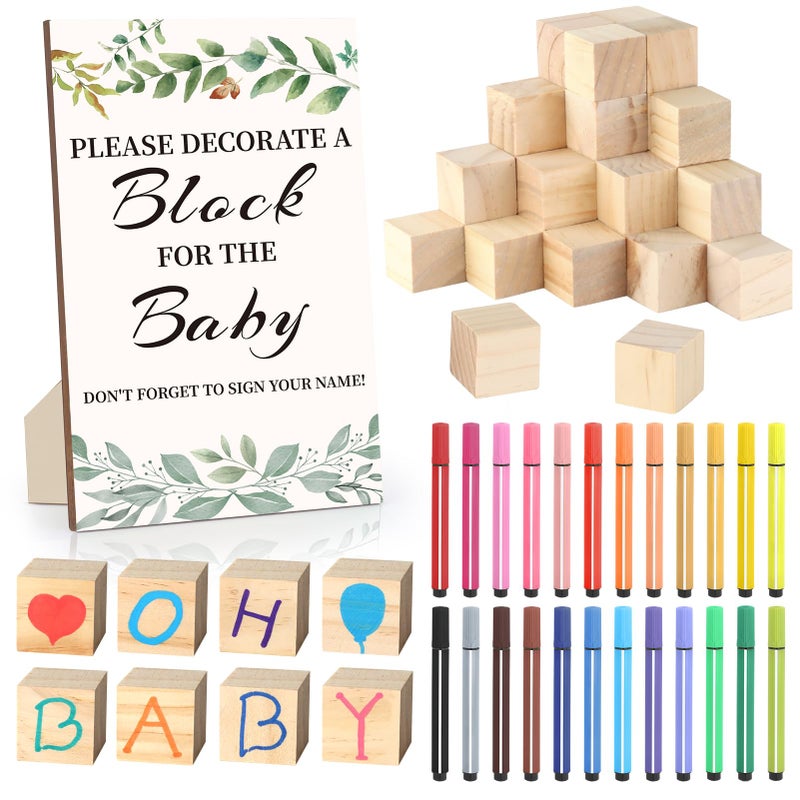wookidel Baby Shower Games Sign Kit with 50 Blank Wooden Baby Blocks 24 Acrylic Paint Marker and Wooden Sign Blocks for Baby Shower Gender Reveals PartyGreen