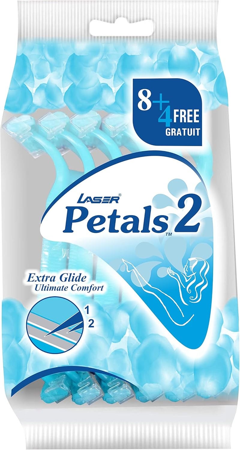 Laser Petals 2 Twin Blade Disposable Shaving Razor for Women - 12 Pieces with Aloe & Vitamin E Moisturizing Strip