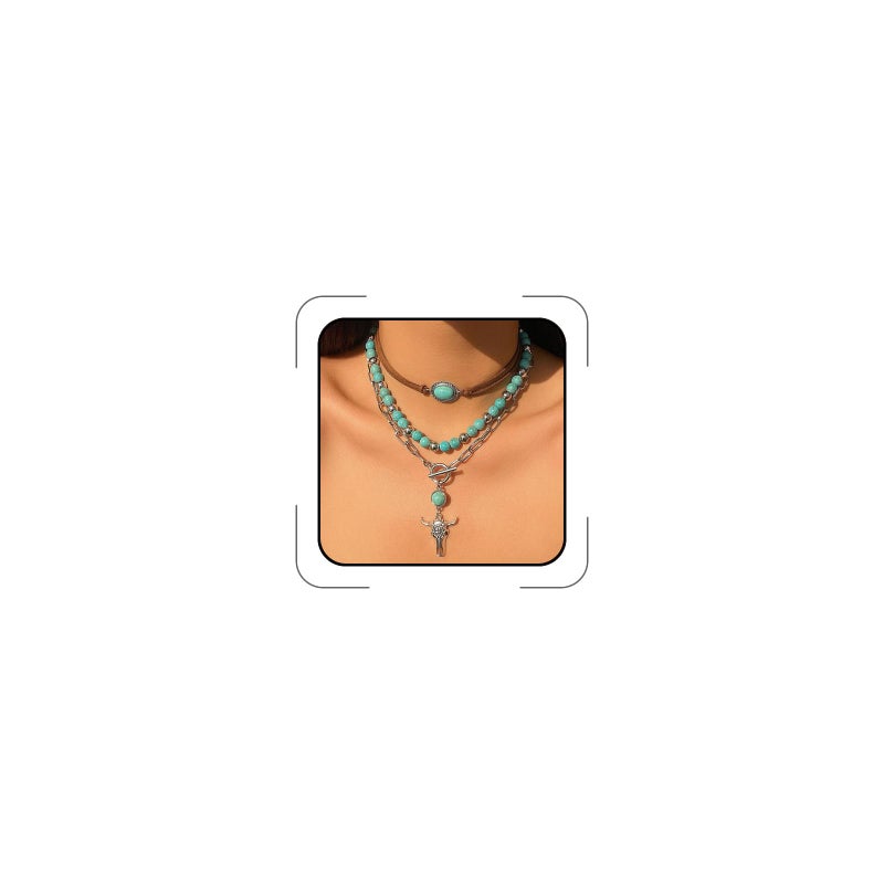 CSIYANJRY99 Layered Western Necklaces for Women Boho Vintage Turquoise Beaded Western Jewelry for Women Ox-head Cactus Cross Chain Necklaces Country Concert Cowgirl Dresses Accessories (04) - Image 1