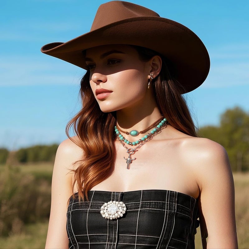 CSIYANJRY99 Layered Western Necklaces for Women Boho Vintage Turquoise Beaded Western Jewelry for Women Ox-head Cactus Cross Chain Necklaces Country Concert Cowgirl Dresses Accessories (04) - Image 4