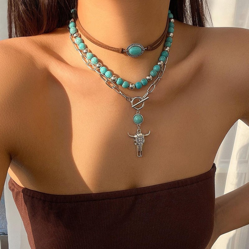 CSIYANJRY99 Layered Western Necklaces for Women Boho Vintage Turquoise Beaded Western Jewelry for Women Ox-head Cactus Cross Chain Necklaces Country Concert Cowgirl Dresses Accessories (04) - Image 3