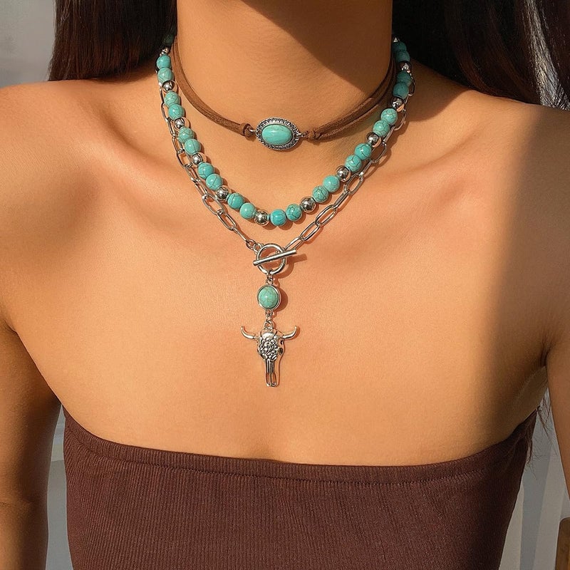 CSIYANJRY99 Layered Western Necklaces for Women Boho Vintage Turquoise Beaded Western Jewelry for Women Ox-head Cactus Cross Chain Necklaces Country Concert Cowgirl Dresses Accessories (04) - Image 2