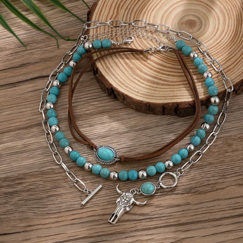CSIYANJRY99 Layered Western Necklaces for Women Boho Vintage Turquoise Beaded Western Jewelry for Women Ox-head Cactus Cross Chain Necklaces Country Concert Cowgirl Dresses Accessories (04) - Image 5