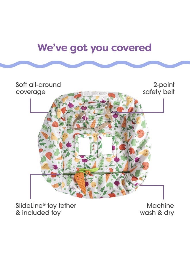بوبي Boppy Shopping Cart and High Chair Cover | Multi-Color Farmers Market Veggies with Attached Plush Carrot Toy| 2-Point Safety Belt | Wipeable, Machine Washable | 6-48 Months - Image 3