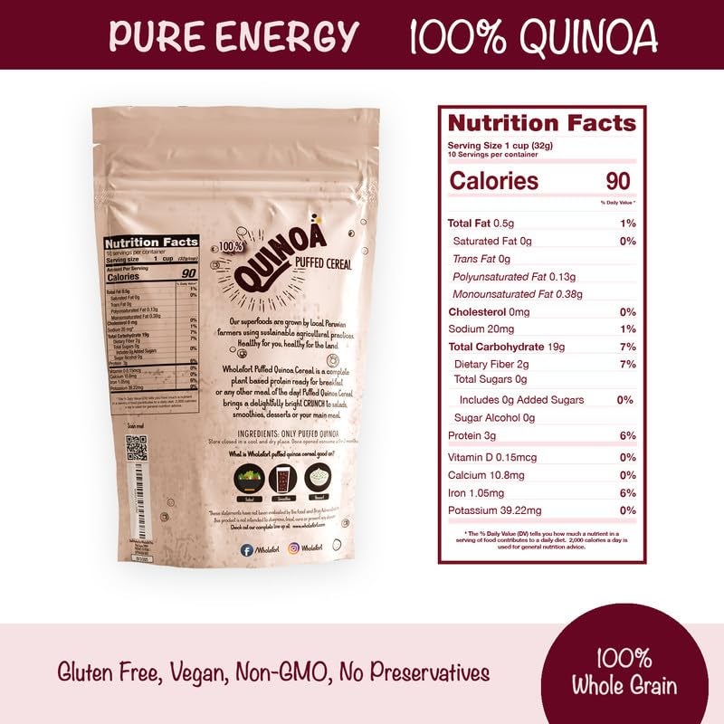 Wholefort Puffed Quinoa Cereal + Nothing – Vegan – Gluten Free – Non-GMO – [11 oz] It Pops as Snacks – Cereal – Salad Topper for Sustainable Energy – Crunchy Ancient Good Mood Food – by Wholefort - Image 5